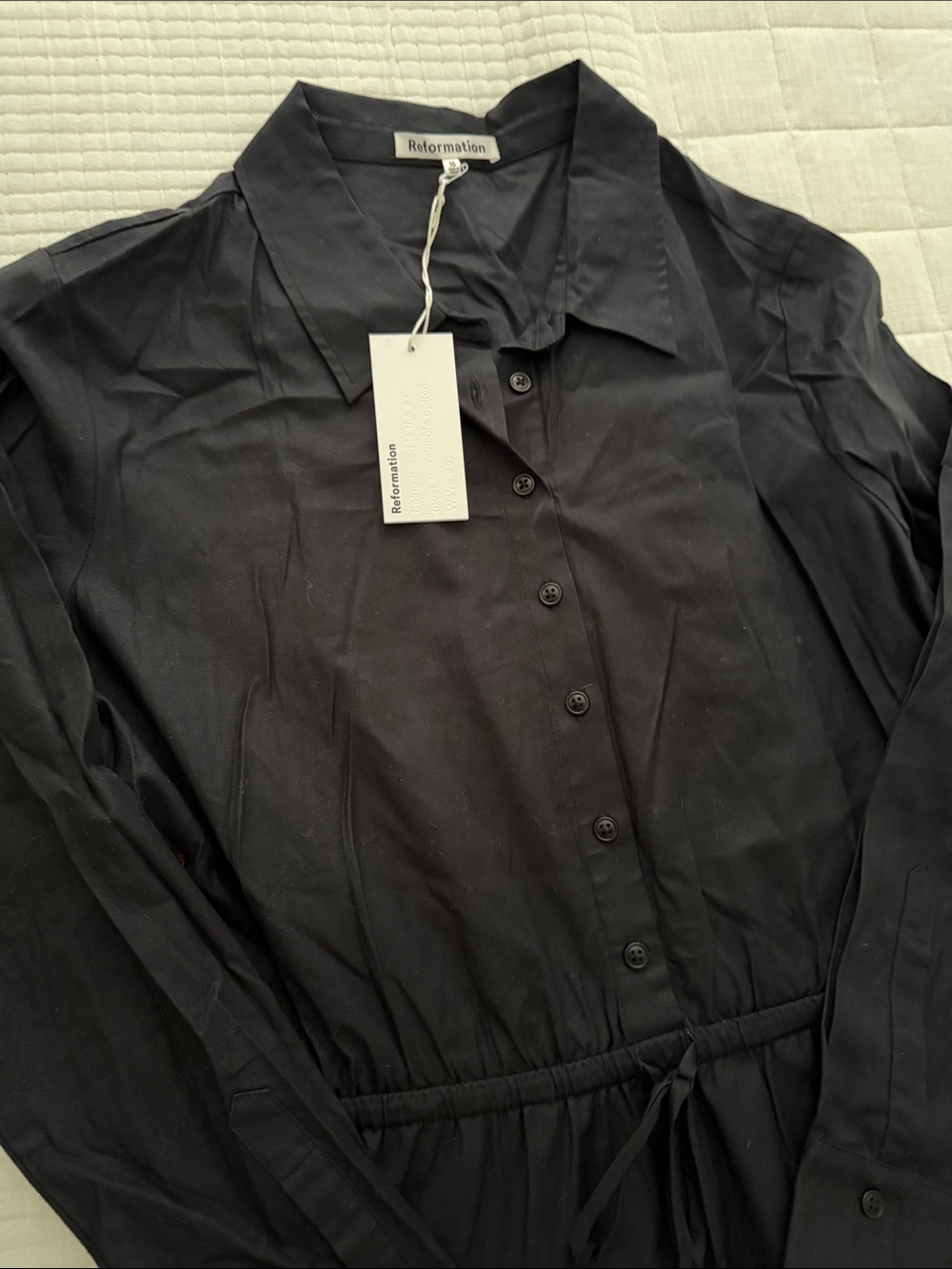 Reformation Black Long-Sleeve Button-Front Shirt Dress